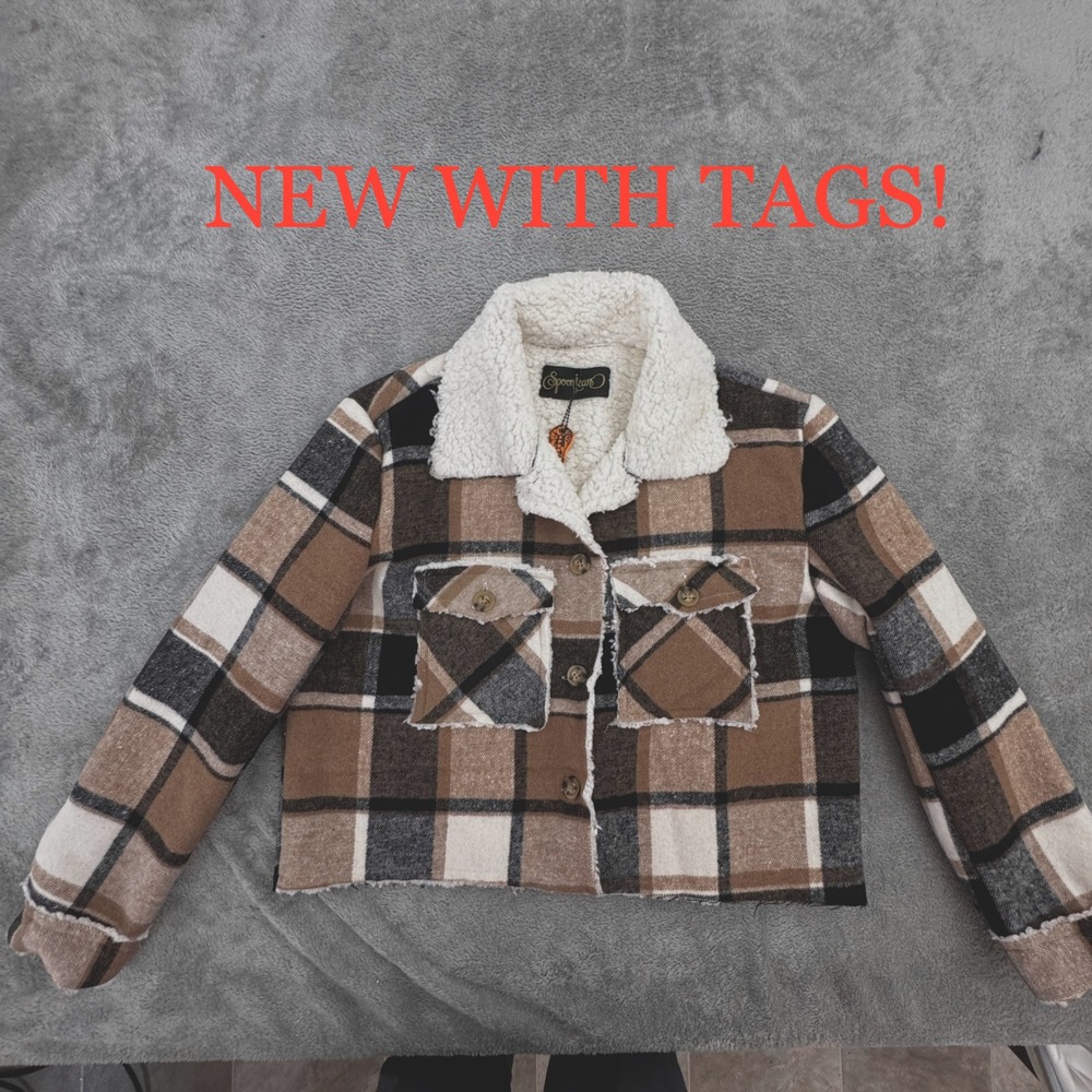 NWT Spoon Jeans Sherpa Lined Jacket Plaid‎ Size Large Button Front